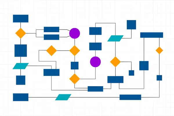 Multicolored business flow chart, workflow. Visualizing organizations, concept, industrial process or strategy. Operation, planning, sequence and development.
