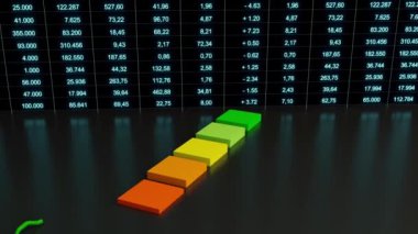 Çubuk grafik ve çizgi yukarı çıkıyor, arkaplanda numaralar olan sayfaları ayırıyor. İş yükselişi, büyüme, ilerleme, gelişme. 