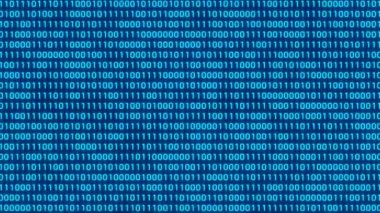 Bit ve Bytes. Mavi ışıkta parlayan ikili kodlu bir ekran. Büyük veri, sıfır ve bir, dizi, program, yazılım, ikili dizgi, bilim ve teknoloji. 