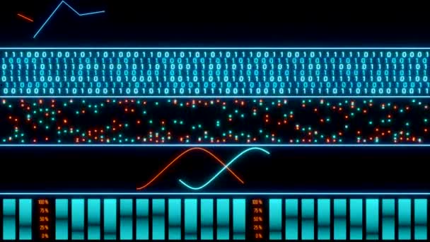 Interface Met Binaire Code Curven Lijnen Oscillator Staafgrafieken Gekleurd Oranje — Stockvideo