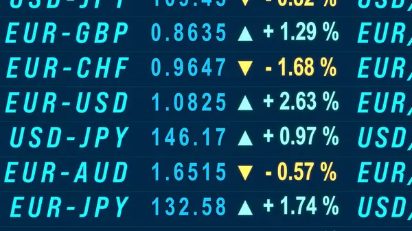 stock image Screen with currency exchange rates, US dollar, Euro, Swiss franc, Japanese yen. Percentage signs, changes, trading information, business.