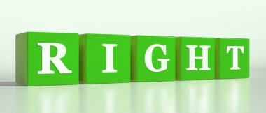 Doğru, tek kelime. Beyaz harfli yeşil zarlar ve metin, doğru. 3B illüstrasyon