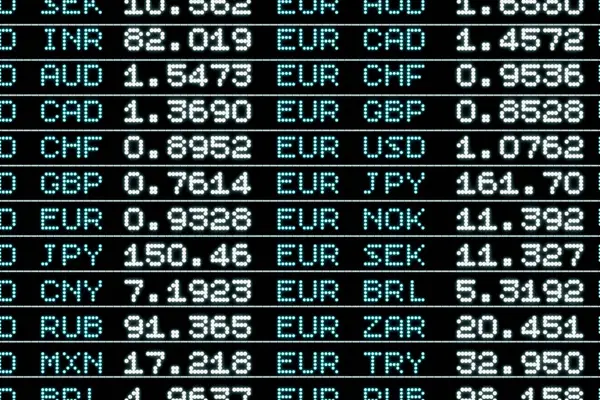 Euro currency rates to US dollar, British pound, Japanese yen on the screen. Trading information , EUR USD, JPY, GBP or CHF rates. Stock market and exchange, global business, performance.