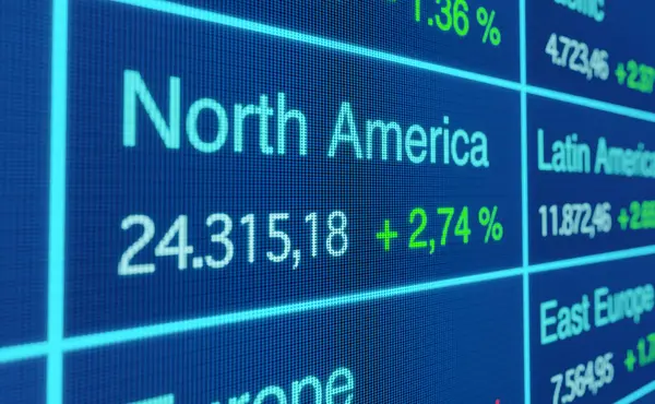 North America stock market, positive percentage index change. Rising north american stock market index. Investment, business, growth, progress, positive return. 3D illustration