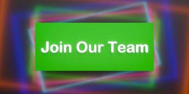 Join our team. Green banner, information sign, colored background. Team building, applying, hiring, new job, opportunity. clipart