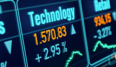 Teknoloji endeksi, piyasa veri teknolojisi endüstrisi. Fiyat bilgisi, değişiklikler, borsa ve döviz, iş, sektör endeksi, ticaret. 3B illüstrasyon