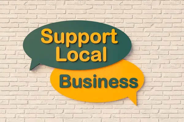 Support local business. Cartoon speech bubble in yellow and dark green, brick wall. Retail, small business, neighborhood, improvement, support, business, event, help. 3D illustration