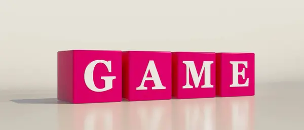 Game, single word. Pink dices with white letters and the text, game.  3D illustration