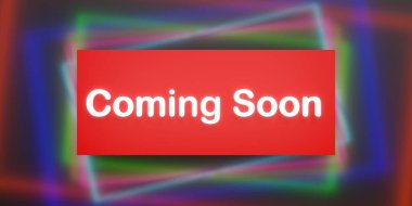 Birazdan geliyorum. Kırmızı pankart, bilgi işareti, renkli arka plan. Duyuru mesajı, bilgi, açılış etkinliği, reklam, pazarlama.