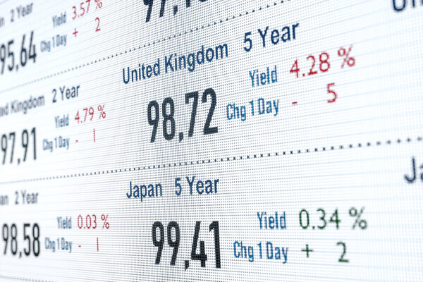 Japanese and british government bonds, yield and prices. United Kingdom and Japan bond market trading, interest rates, financial markets, investment, stock market and exchange. 3D illustration
