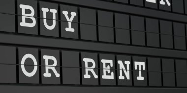 Satın al ya da Kirala. Beyaz metinli siyah zaman çizelgesi görüntüsü. Kiralama, seçim, opsiyonlar, sözleşme. 3B illüstrasyon