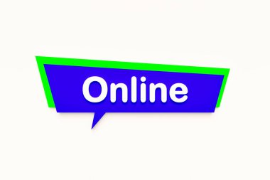 Çevrimiçi, renkli çizgi film konuşma balonu, beyaz metin. Sosyal medya, internet, e-ticaret, internet sektörü. 3B illüstrasyon