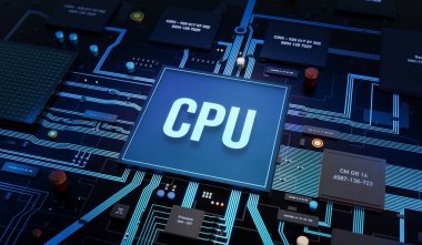 CPU, yarı iletkenler ve diğer bilgisayar parçalarıyla ana kart. Transistör, indüktör, devreler ve rastgele erişim hafızası, teknoloji. 3B illüstrasyon