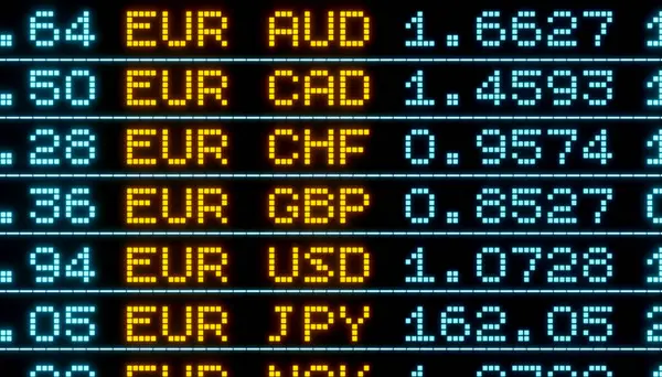 Different Euro rates on the screen, currency exchange. Trading information, US dollar, British pound, Japanese yen rates. Currency exchange, global business, performance.