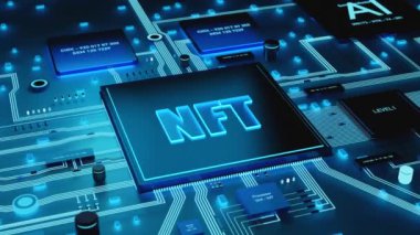 Ana kartta mavi ışıklandırılmış NFT (İade edilemeyen Token) işlemcisi. Eşsiz dijital varlıklar. Engelleme zinciri, simge, şifreli para birimi, büyük veri, bilgisayar ağı.
