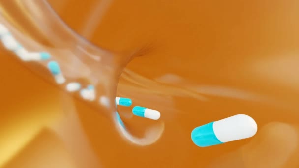 青い薬 カプセルがガラス管を通って落ちる カプセル 抗生物質 薬物の産業生産 3Dアニメーション — ストック動画