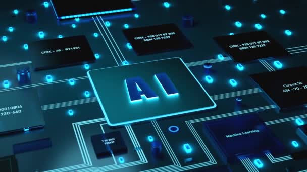マザーボード上の青色照らされたAi 人工知能 プロセッサ 機械学習および統合されたプロセス 科学のために使用される処理単位 — ストック動画