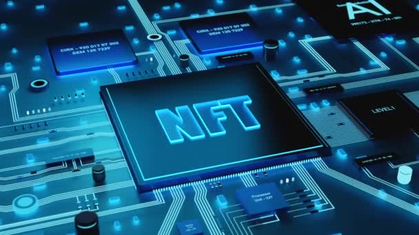Niebieski Podświetlany Procesor Nft Non Fungible Token Płycie Głównej Unikalne — Wideo stockowe