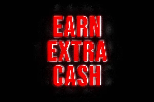 Earn Extra Cash. Banner in red capital letters. The text, earn extra cash, illuminated. Bonus, extra pay, wages, side job, income, reward.