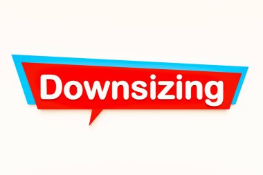 Küçülme, renkli karikatür konuşma balonu, beyaz metin. Küçük, küçültme, ölçüm, küçültme. 3B illüstrasyon