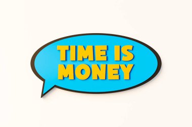 Vakit nakittir. Çizgi film konuşma balonu. Renkli online sohbet balonu, komedi tarzı. Para kazanmak, yatırım, iş, bütçe, tasarruf. 3B illüstrasyon