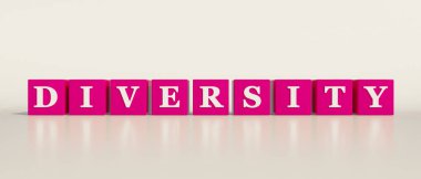 Diversity, single word. Pink dices with white letters and the text, diversity.  Variety, difference, contrast, variation, anomaly. 3D illustration clipart