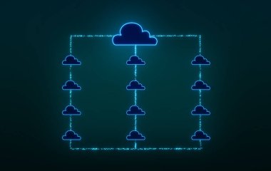 Cloud Computing, bilgisayar ya da sunucu ağı. Veri transferi, blok zinciri, büyük veri, iletişim, dijital, iş, veri depolama kavramı. 3B illüstrasyon 