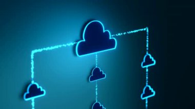 Bulut Hesaplama, bulut sunucu ağında veri transferi. Bilgisayar ağı, blok zinciri, büyük veri, iletişim, dijital, iş, veri depolama kavramı. 