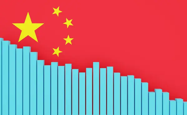 stock image China, sinking bar chart with Chinese flag. Sinking economy, recession. Negative development of GDP, jobs, productivity, real estate prices, retail sales or falling industrial production.