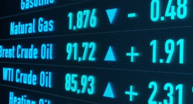 Brent Crude Petrol fiyatları arttı ve doğal gaz düştü. Enerji için fiyatlarla ekranı takas etmek. Emtia ticareti, petrol ve gaz sanayii, enerji krizi kavramı. 