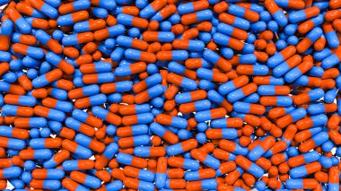 Kırmızı ve mavi tıbbi haplar, cam kutuya düşen kapsüller, sağlık ve ilaç. Endüstriyel antibiyotik ya da diğer ilaçlar. 3B illüstrasyon