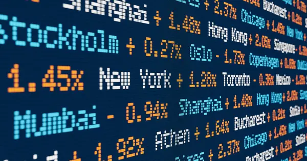 stock image Stock market and exchange, ticker with index changes. Financial markets, cities and percentage index changes, trading, investment. Stockholm, New York, Mumbai, Shanghai, Oslo, Toronto.