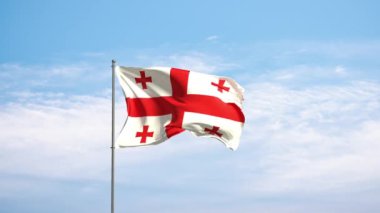 Bulutlu gökyüzüne karşı Georgia bayrağı. Gürcistan bayrağı rüzgarda sallanıyor, ulusal bir sembol. Ülke, ulus, birlik, bayrak, hükümet, Gürcistan kültürü, siyaset.