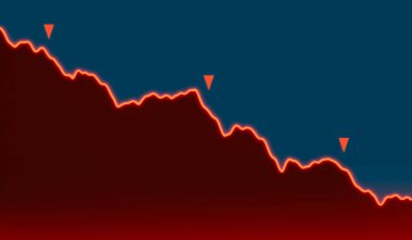 Kırmızı oklar aşağıda, kırmızı çizelge düşüyor. Borsa, ayı pazarı, çöküş, taşınan dwon, yatırım, kriz, depresyon dönemi, iş.