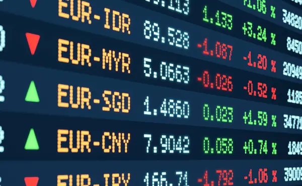 stock image Close-up currency exchange rates. Stock market information, US dollar, Euro, Britsh pound, Japanese yen and other currencie exchange rates on the screen. 