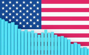 United States, sinking bar chart with US American flag. Sinking economy, recession. Negative development of GDP, jobs, productivity, real estate prices, retail sales or falling industrial production. clipart