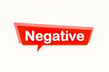 Olumsuz, renkli karikatür konuşma balonu, beyaz metin. Eksi, düşüş, zıt, dwnside. 3B illüstrasyon