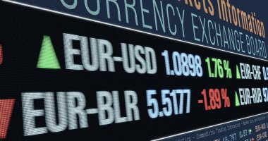 Ekranı para birimi oranlarıyla kapat. Amerikan Doları, Japon Yen, Euro, İsviçre frankı, Brezilya hakiki rubil döviz kuru. İş bilgileri, döviz ticareti, yatırım. 3B illüstrasyon