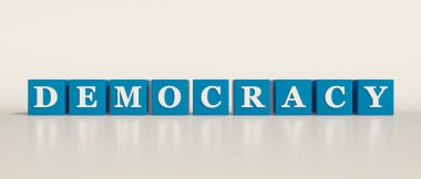 Demokrasi, tek kelime. Beyaz harfli mavi zarlar ve metin, demokrasi. Cumhuriyet, egemenlik, özerklik, politika, politika. 3B illüstrasyon