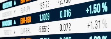 Ekran Euro ve Amerikan doları kur oranlarını kapat. İş, ticaret, finans piyasaları, para birimi kavramı. 3B illüstrasyon
