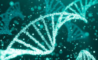 Askıya alınmış parçacıkların bulunduğu sıvı bir ortamda yeşilimsi DNA grubu veya RNA iplikleri. Biyoteknoloji, laboratuvar araştırması, genetik ve tıbbi bilim konsepti. 3B illüstrasyon
