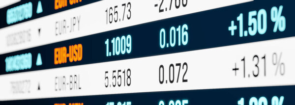 Закрыть экран Курсы валют евро и доллара США. Бизнес, торговля, финансовые рынки, валютная концепция. 3D иллюстрация