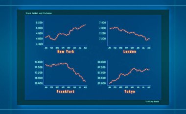 Borsa endeks çizelgeleri Newe York, Londra, Frankfurt ve Tokyo 'da. İş, ticaret, yatırım, grafik, çizgi, borsa ve döviz konsepti.