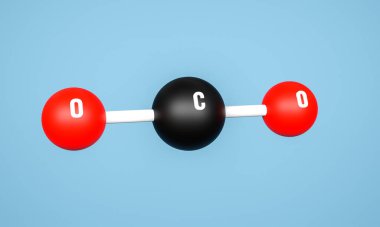 Model olarak karbondioksit molekülü, kimyasal bağ. Karbon ve oksijen bileşimi. 3B illüstrasyon