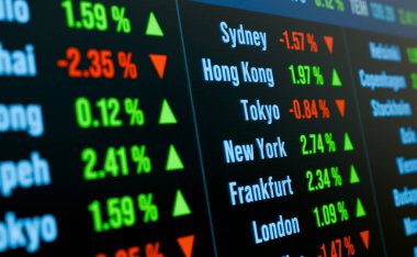 Borsa ve borsa, Hong Kong, New York, Frankfurt, Londra göstergeleri. İş, ticaret, yatırım, finans piyasaları. 3B illüstrasyon