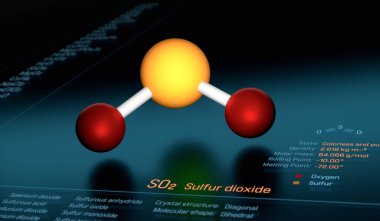 SO2 sülfür dioksit molekül modeli, molekül verileri ile koyu renk ekran. Bilim, kimyasal bileşik, araştırma, eğitim, kimyasal bağ, element.