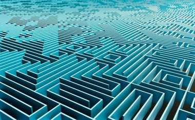 Mavili labirent yapısı. Geometrik şekil, yön, yol, yol, sonsuzluk.