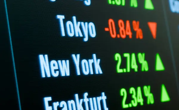 Stock image Close up Stock market information Tokyo, New and Frankfurt, market indices moving up and down. Business, trading, investment, financial markets. 3D illustration