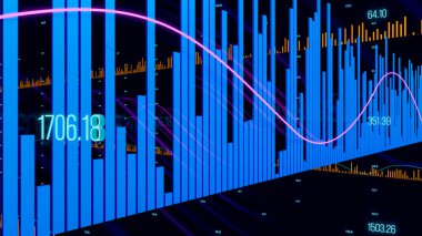 Mavi çizelge, rakamlar ve finansal rakamlar. Arka planda sarı çizelgeler var. 3B illüstrasyon
