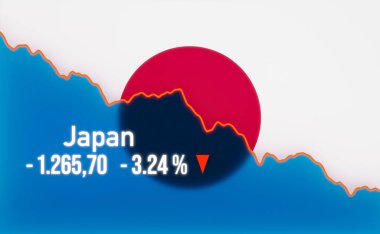Japonya borsası düştü. Japon bayrağıyla düşen çizelge. Ayı pazarı, durgunluk, borsa çöküşü, olumsuz eğilim, zayıf iş, yatırım, ticaret, kayıp.